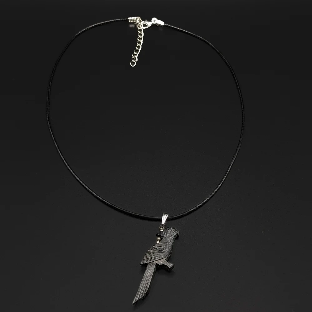 BLACK Wooden Carved Bird Pendant with Beaded Accents on Black Cord Necklace - Picture 3 of 5